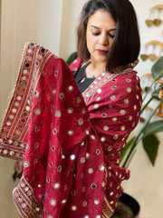Maroon Crepe Dupatta with Mirror and Cut Daana Work with Gota Lace Border