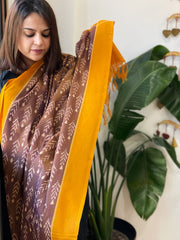 Brown, Yellow Handwoven Ikat Dupatta in Cotton