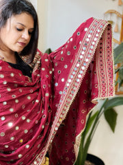 Maroon Crepe Dupatta with Mirror and Cut Daana Work with Gota Lace Border