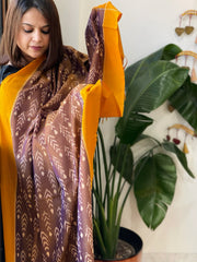 Brown, Yellow Handwoven Ikat Dupatta in Cotton