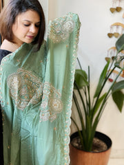 Sea Green Crepe Dupatta with Pearl, Cut Daana, Gold Thread & Sequin Embroidery