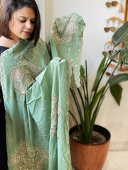 Sea Green Crepe Dupatta with Pearl, Cut Daana, Gold Thread & Sequin Embroidery