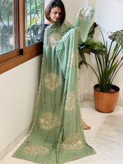 Sea Green Crepe Dupatta with Pearl, Cut Daana, Gold Thread & Sequin Embroidery