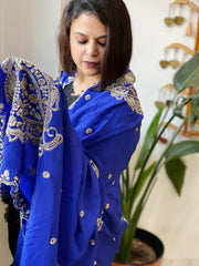 Royal Blue Crepe Dupatta with Pearl, Cut Daana, Gold Thread & Sequin Embroidery