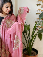 Pink Crepe Dupatta with Pearl, Cut Daana, Gold Thread & Sequin Embroidery