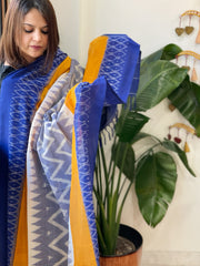 Blue, Yellow Handwoven Ikat Dupatta in Cotton