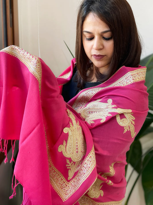 Hot Pink Woven Pashmina Stole with Aari Embroidery