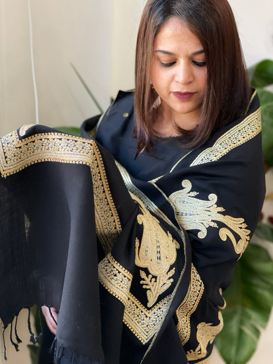Black Woven Pashmina Stole with Aari Embroidery