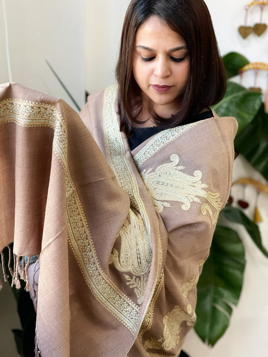 Lite Brown Woven Pashmina Stole with Aari Embroidery