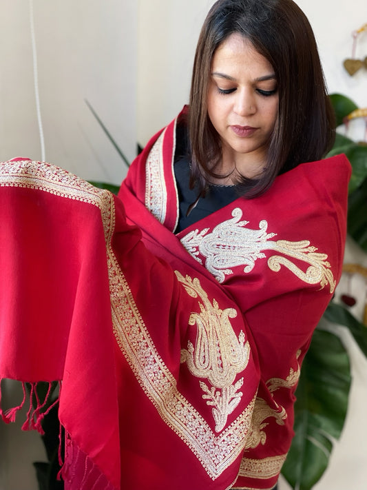 Maroon Woven Pashmina Stole with Aari Embroidery