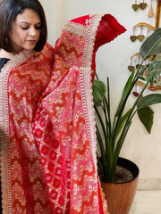 Red Woven Bandhej Banarasi Dupatta in Fine Georgette with Zardosi Work