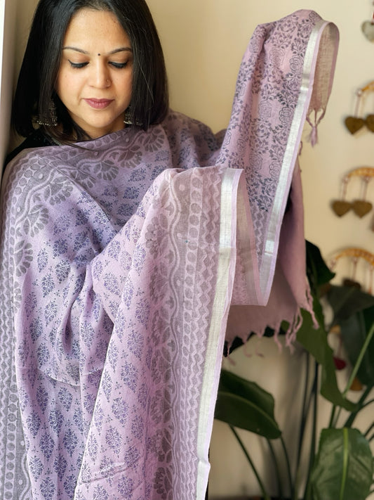 Lavender Pure Linen Handblock Printed Dupatta