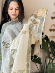 Beige Pure Linen Handblock Printed Dupatta