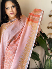 Peach Pure Linen Handblock Printed Dupatta
