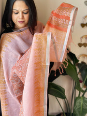 Peach Pure Linen Handblock Printed Dupatta