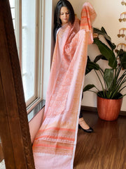 Peach Pure Linen Handblock Printed Dupatta
