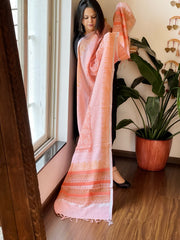 Peach Pure Linen Handblock Printed Dupatta