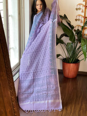 Lavender Pure Linen Handblock Printed Dupatta