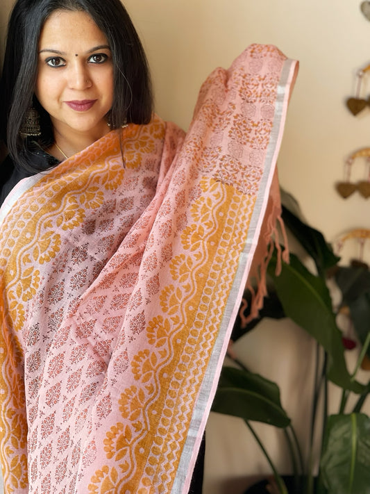 Peachish Pink Pure Linen Handblock Printed Dupatta