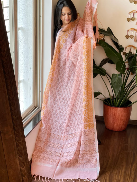 Peachish Pink Pure Linen Handblock Printed Dupatta