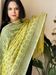 Yellow Pure Linen Handblock Printed Dupatta