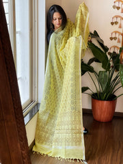 Yellow Pure Linen Handblock Printed Dupatta