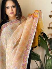 Peachish Yellow Pure Linen Handblock Printed Dupatta