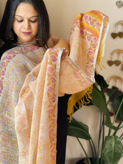 Peachish Yellow Pure Linen Handblock Printed Dupatta