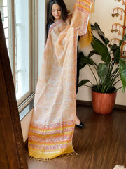 Peachish Yellow Pure Linen Handblock Printed Dupatta