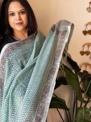Teal Blue Pure Linen Handblock Printed Dupatta