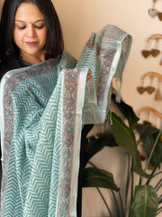 Teal Blue Pure Linen Handblock Printed Dupatta