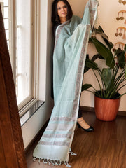 Teal Blue Pure Linen Handblock Printed Dupatta