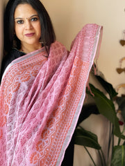 Pink Pure Linen Handblock Printed Dupatta
