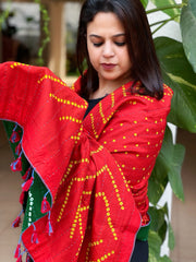 Orange Handwoven Woollen Shawl with Handmade Bandhani and Kantha in Pure Silk