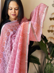 Pink Pure Linen Handblock Printed Dupatta