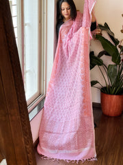 Pink Pure Linen Handblock Printed Dupatta
