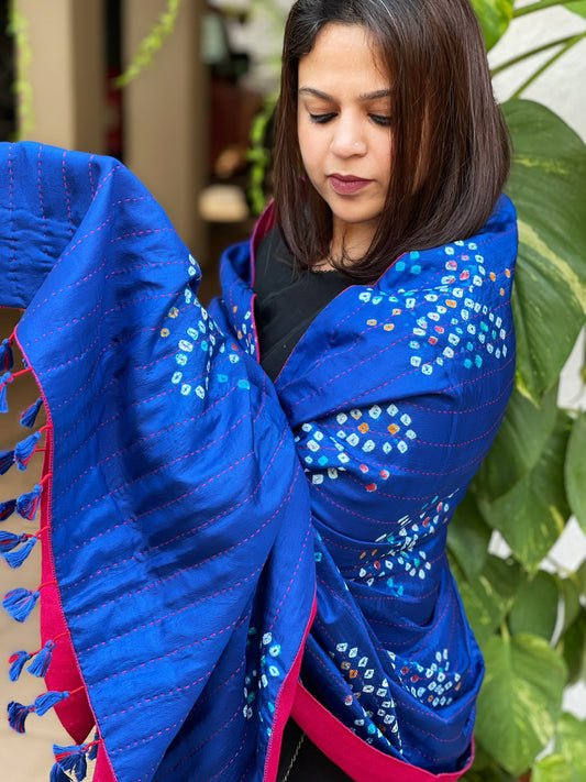 Blue Handwoven Woollen Shawl with Handmade Bandhani and Kantha in Pure Silk