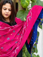 Blue Handwoven Woollen Shawl with Handmade Bandhani and Kantha in Pure Silk