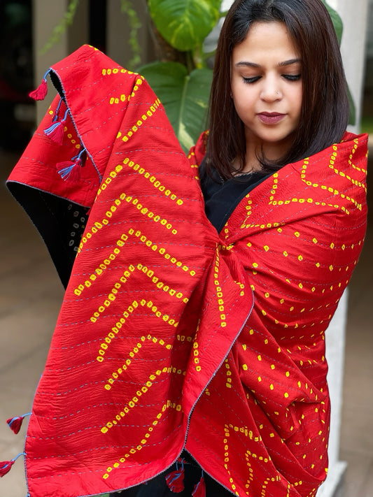 Orange Handwoven Woollen Shawl with Handmade Bandhani and Kantha in Pure Silk