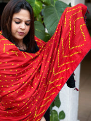 Orange Handwoven Woollen Shawl with Handmade Bandhani and Kantha in Pure Silk