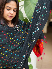 Orange Handwoven Woollen Shawl with Handmade Bandhani and Kantha in Pure Silk