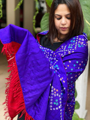 Purlpish Blue Handwoven Woollen Shawl with Handmade Bandhani and Kantha in Pure Silk