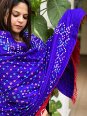Purlpish Blue Handwoven Woollen Shawl with Handmade Bandhani and Kantha in Pure Silk