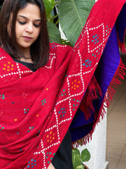 Purlpish Blue Handwoven Woollen Shawl with Handmade Bandhani and Kantha in Pure Silk