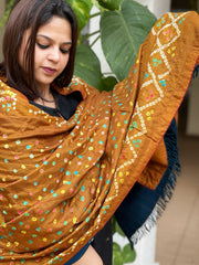 Mustard Handwoven Woollen Shawl with Handmade Bandhani and Kantha in Pure Silk