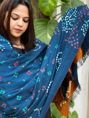 Mustard Handwoven Woollen Shawl with Handmade Bandhani and Kantha in Pure Silk