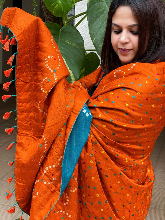 Burnt Orange Handwoven Woollen Shawl with Handmade Bandhani and Kantha in Pure Silk