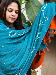 Burnt Orange Handwoven Woollen Shawl with Handmade Bandhani and Kantha in Pure Silk