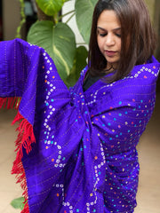 Purplish Blue Handwoven Woollen Shawl with Handmade Bandhani and Kantha in Pure Silk