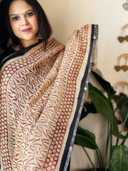 Beige Pure Linen Handblock Printed Dupatta